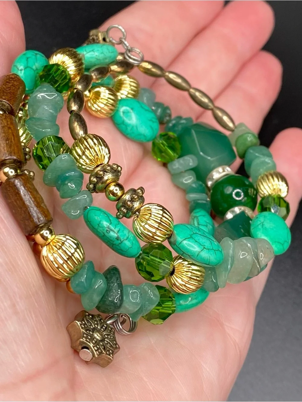 Boho multi strand Green Gold tone & wood Beaded Stretch Bracelet
